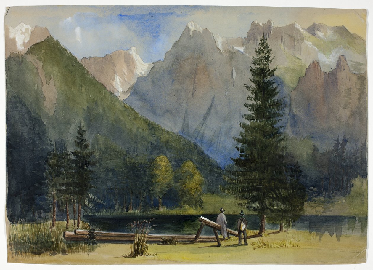 Dois homens por lagoa abaixo dos Alpes de Unknown