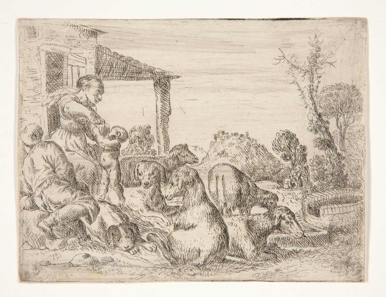 Sem título (Família camponesa com cães e cordeiros numa paisagem) de Unknown