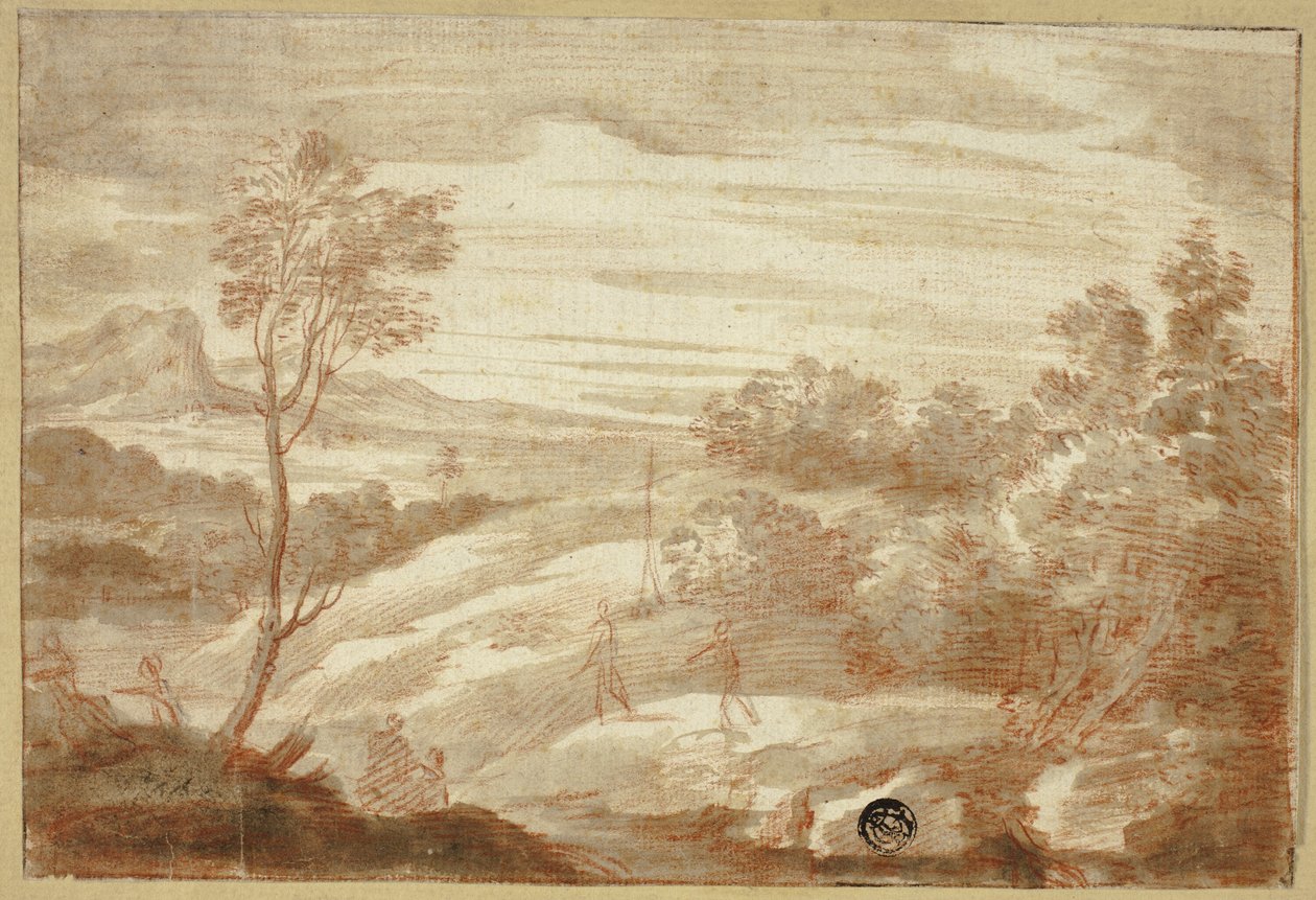 Paisagem arborizada com figuras de Unknown