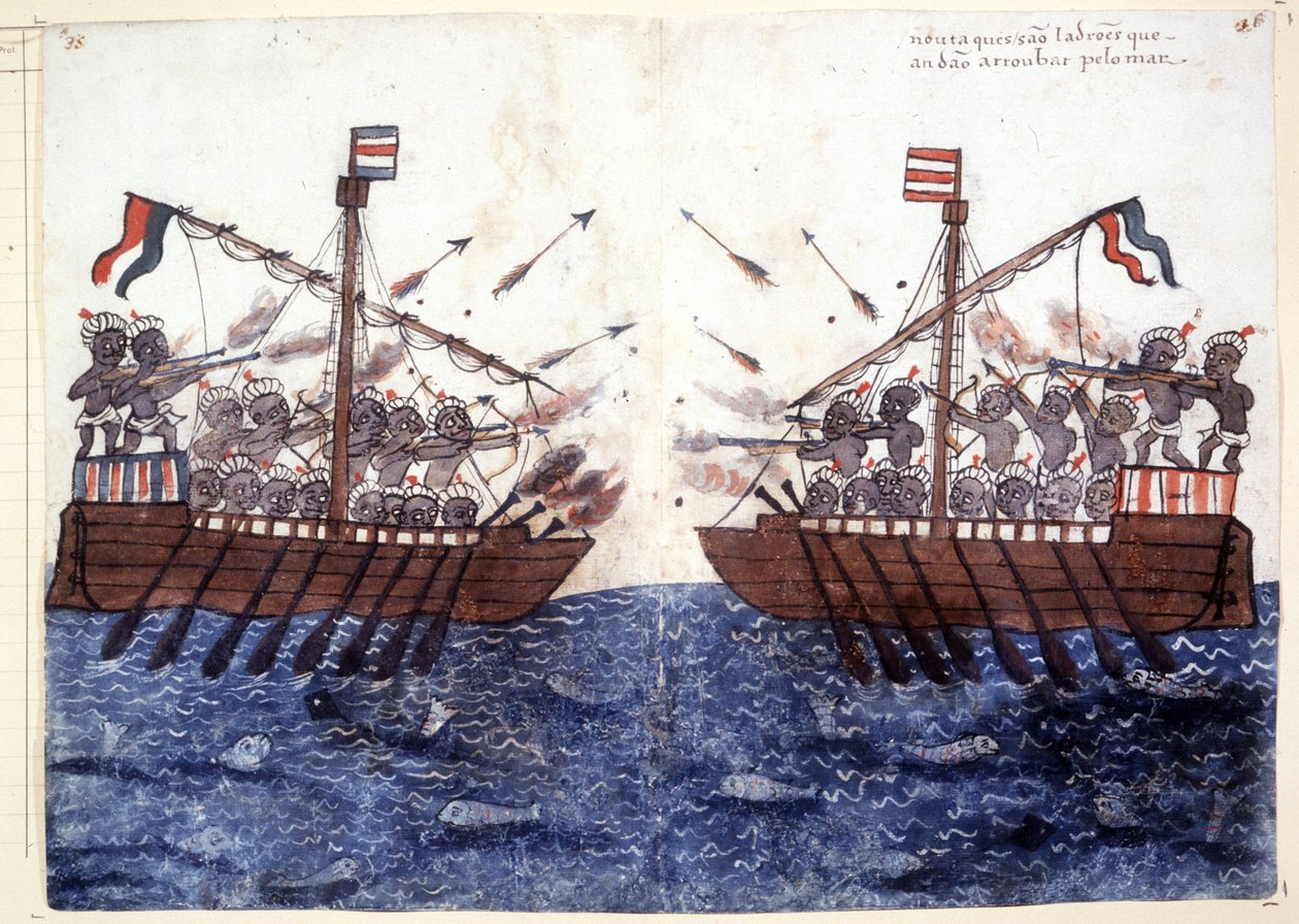 Gravura do século XVI retratando o encontro com um navio pirata no Oceano Índico. Roma biblioteca Casantense. de Unknown artist