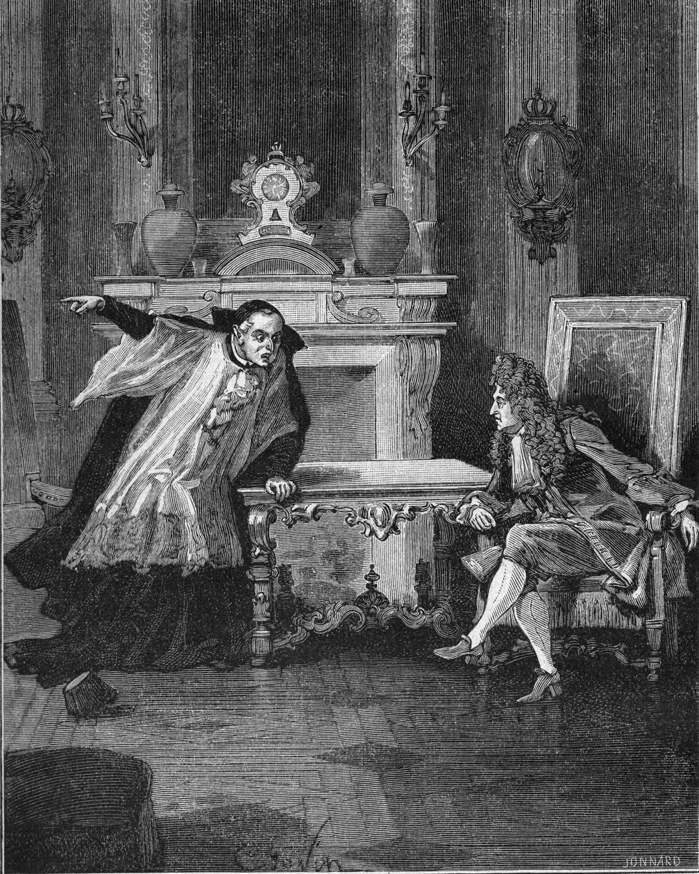1715: o Rei da França Luís XIV (1638-1715) ouve as palavras do Padre Michel Le Tellier (1643-1719), seu confessor Jesuite. Gravura do século XIX. Em "Histoire de France" de Jules Michelet de Unknown artist