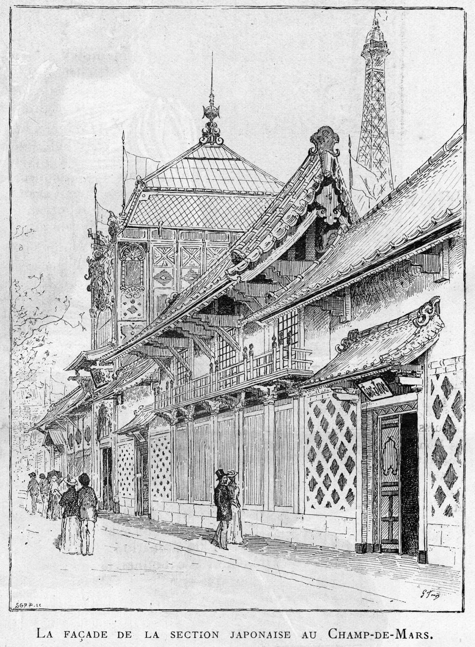 1889 Exposição Universal em Paris: a fachada da secção japonesa nos Champs de Mars. de Unknown artist