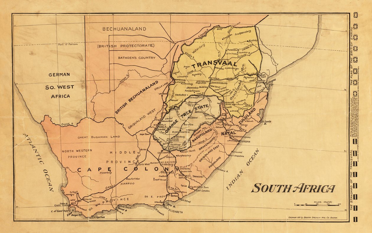 1899 mapa da África do Sul durante a Segunda Guerra da Boer (gravura a cores) de Unknown artist