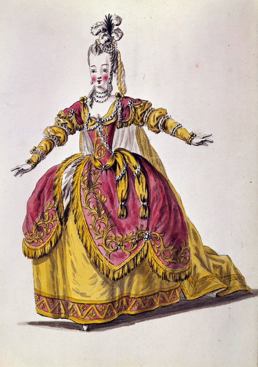 Fato de teatro do século XVIII, gravura de Paris do século XIX, B.N. de Unknown artist