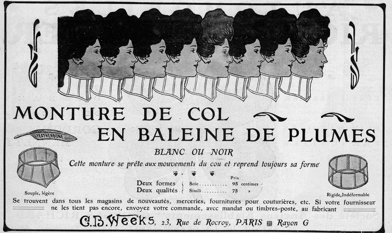 Anúncio de 1904 para o Monte do Pescoço de Baleia C B Semanas de Unknown artist