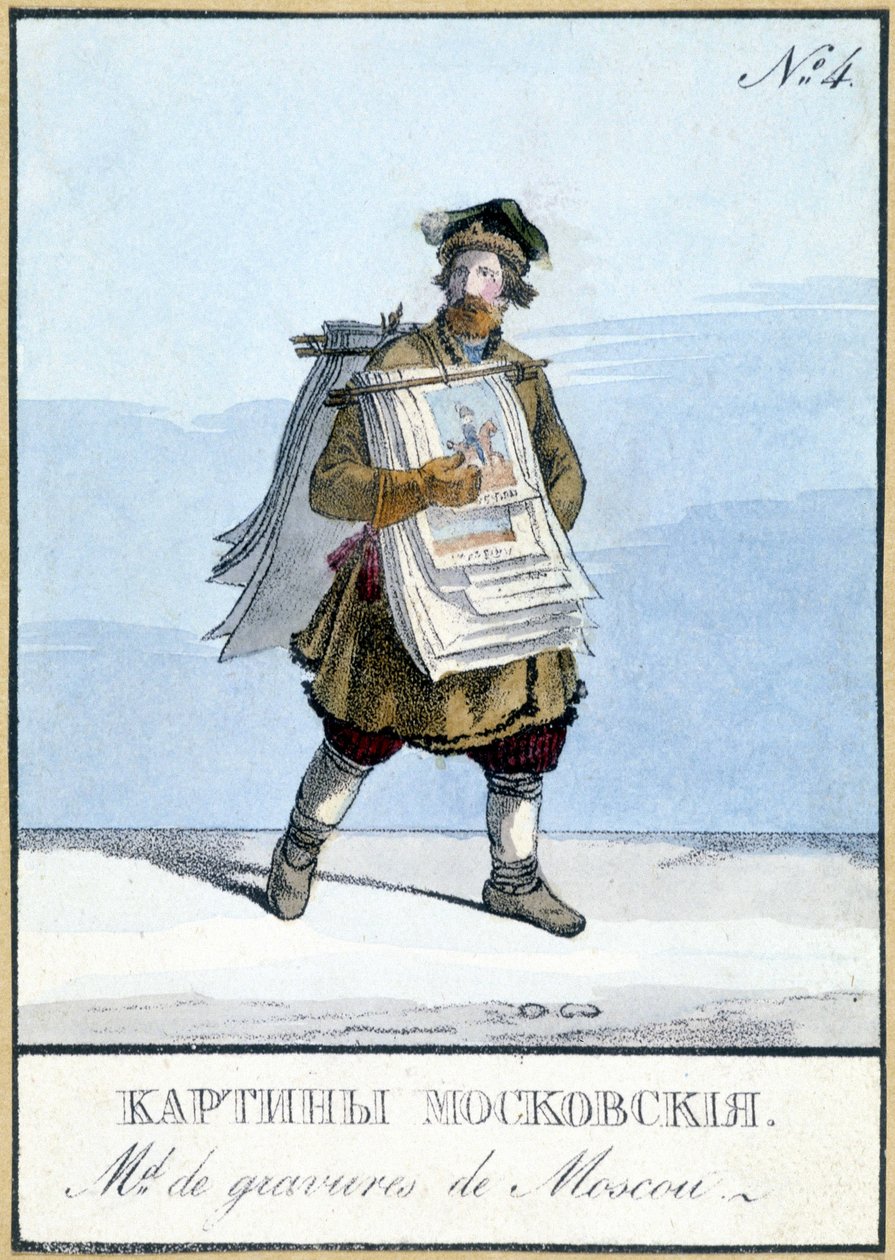 Comerciante de gravuras de Moscovo do século XIX. Ilustração do século XIX. de Unknown artist