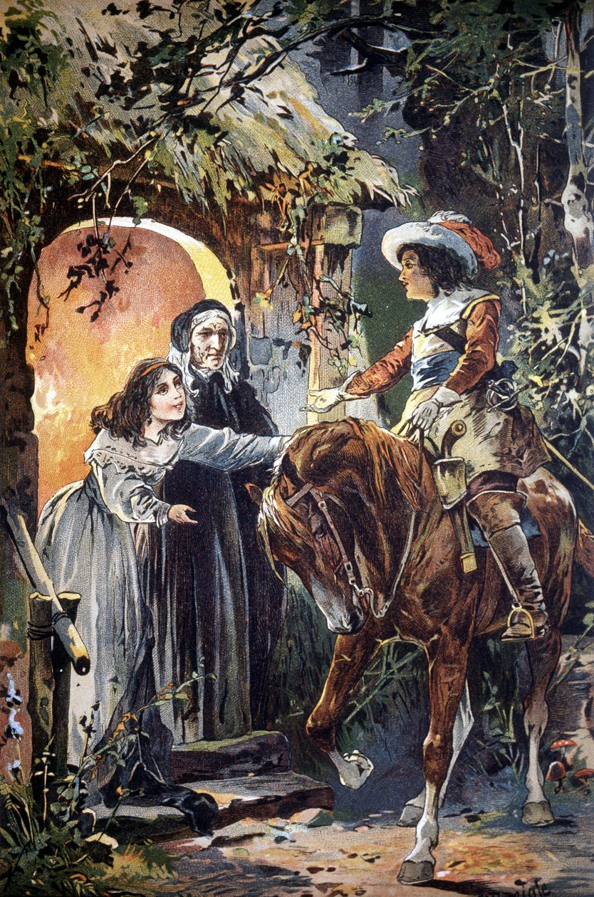 Ilustração do século XIX retratando um episódio de uma fábula infantil: um cavaleiro visitando uma jovem menina e sua avó. Gravura. de Unknown artist