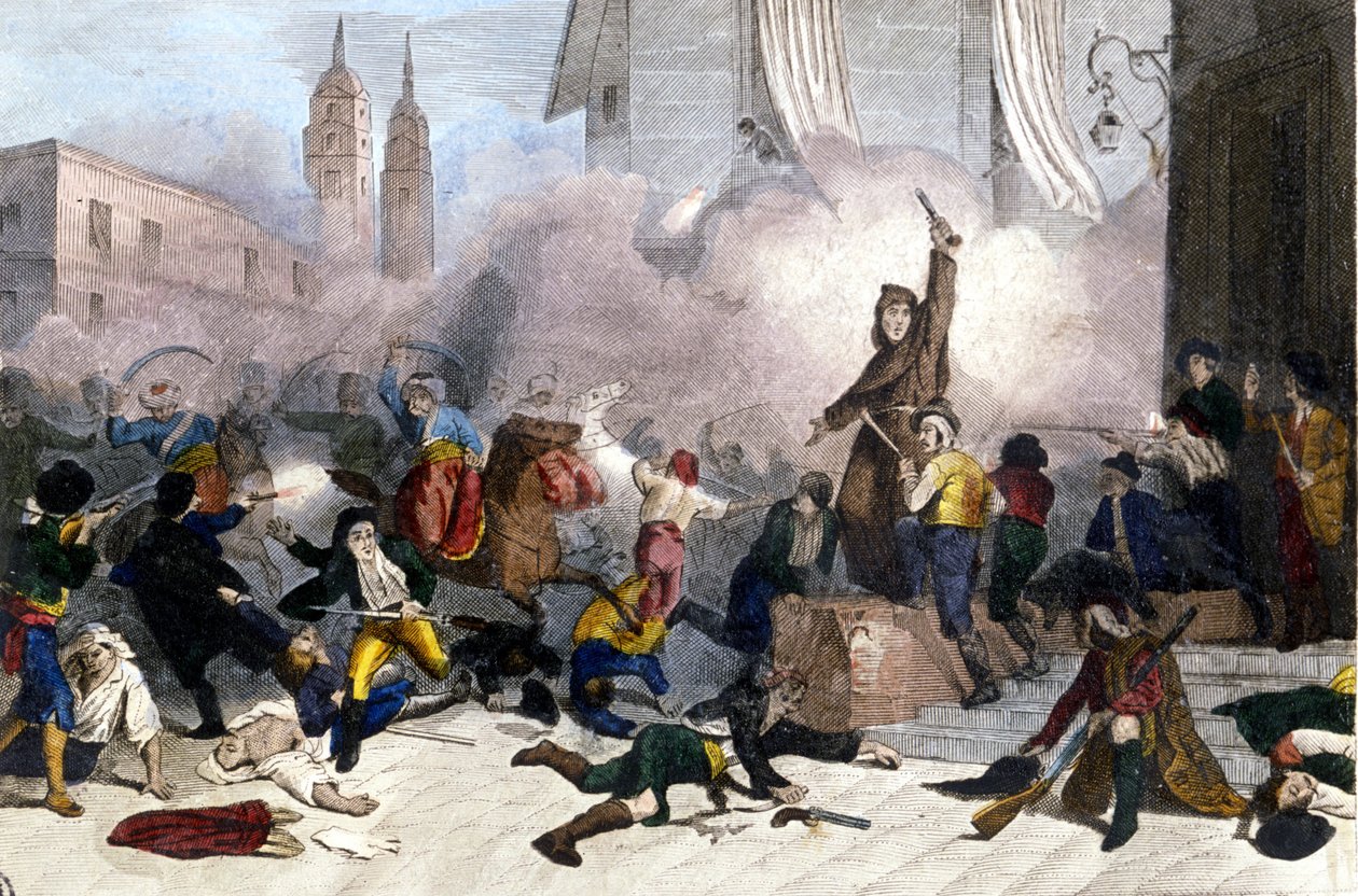 2/05/1808: Revolta de Madrid contra a tomada do controlo de Espanha pela França. Gravura do século XIX de Unknown artist