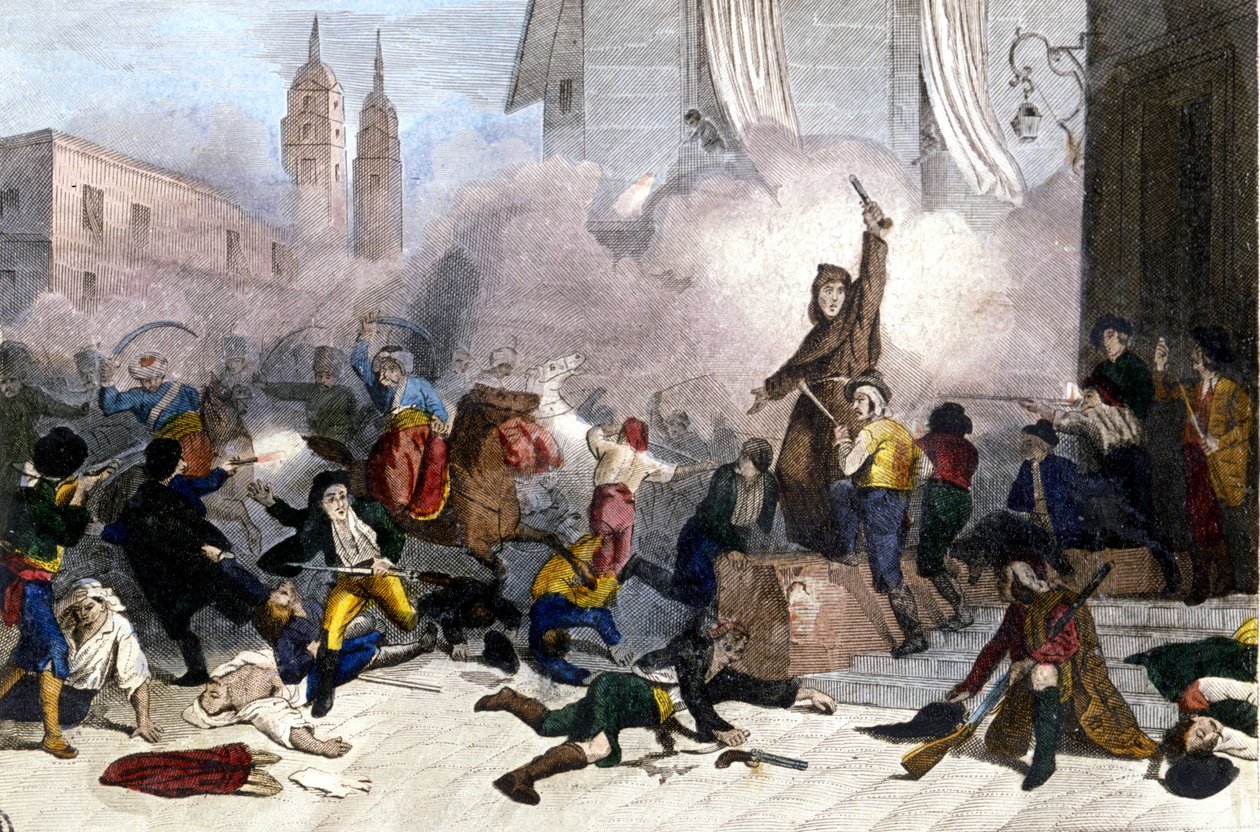 2/05/1808: Revolta de Madrid contra a tomada do controlo de Espanha pela França. Litografia por volta de 1830. de Unknown artist