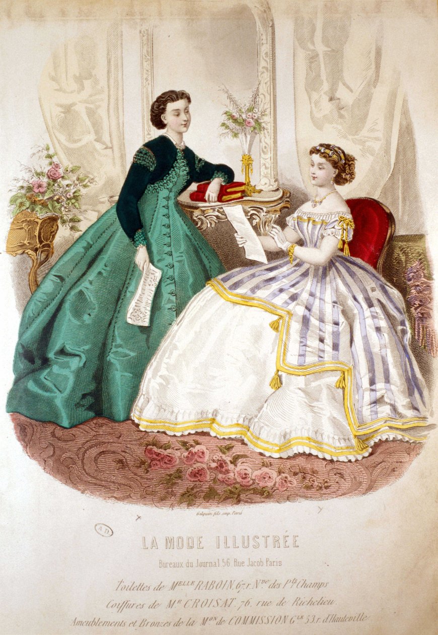 2 mulheres lendo: banheiro da Srta. Raboin e os penteados de M. Croisat - em "La Mode ilustrado". de Unknown artist