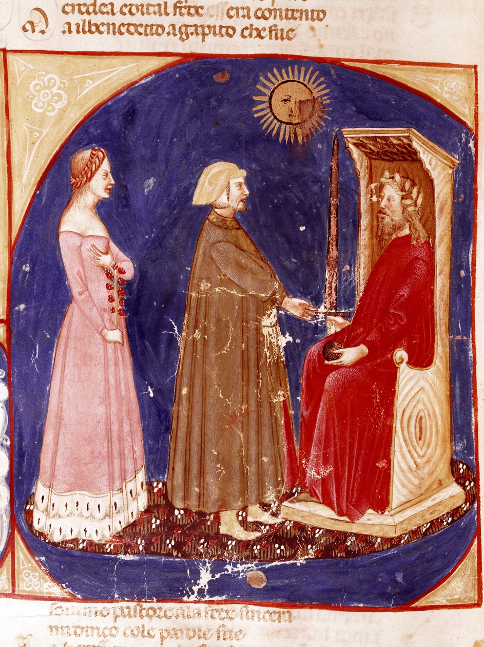 2º céu: Dante e Beatriz enfrentam o Imperador Romano Justiniano no 1º céu do Paraíso. Página iluminada ilustrando uma canção do Paraíso da "Divina Commedia" de Dante Alighieri (1265-1321). Século XIV, Veneza, Biblioteca Marciana de Unknown artist