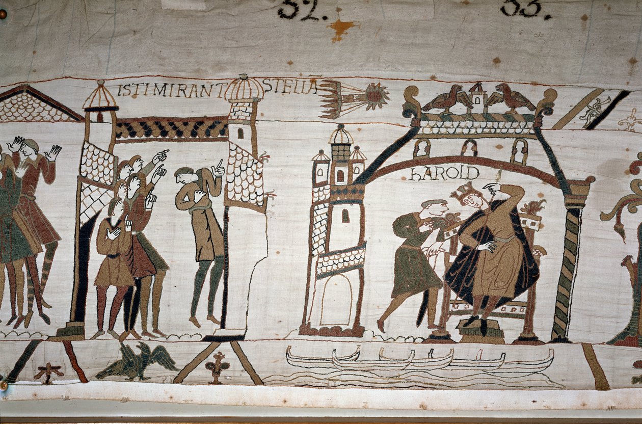 32: O aparecimento do cometa; 33: Um mensageiro avisa o Rei Harold II (1022 - 1066) - Tapeçaria Bayeux, conhecida como Bordado da Rainha Mathilde de Unknown artist