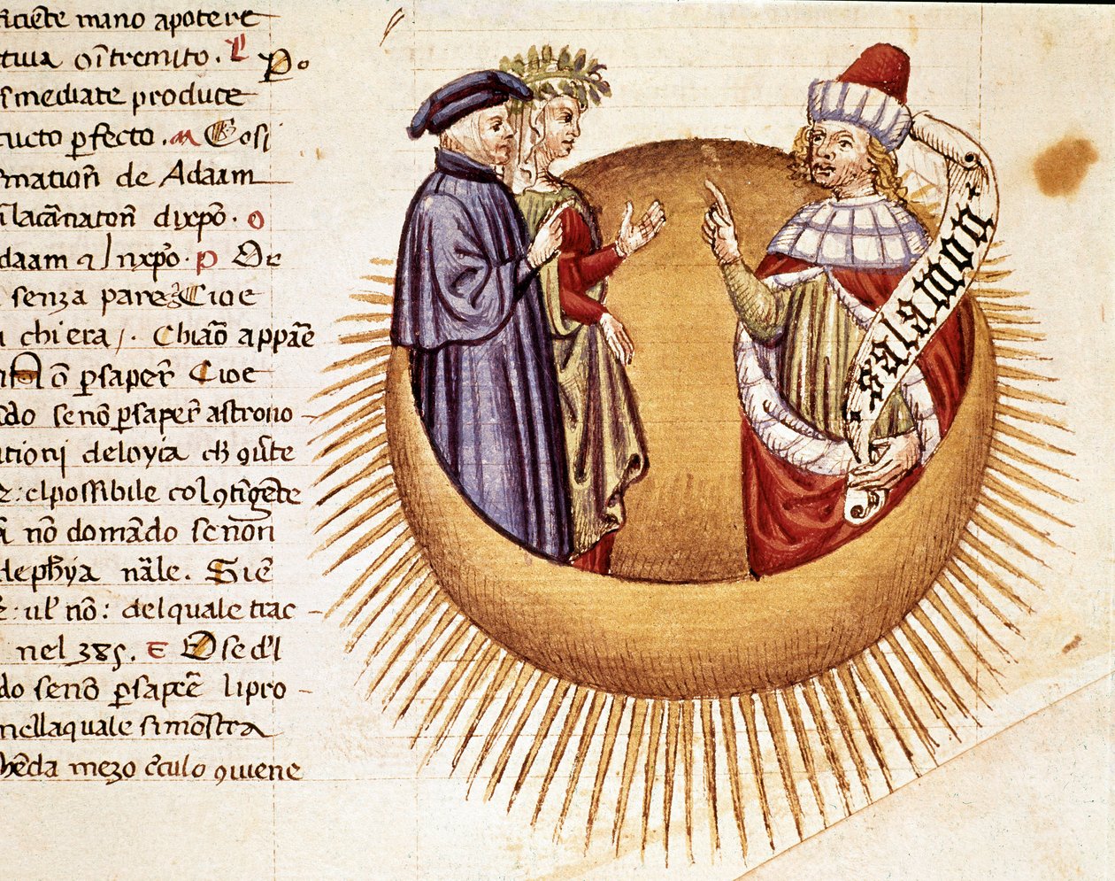 4º Céu: Dante e Beatrice conheçam o Rei Salomão. Página iluminada ilustrando uma canção do Paraíso da "Divina Commedia" de Dante Alighieri (1265-1321). Século XIV, Veneza, Biblioteca Marciana de Unknown artist