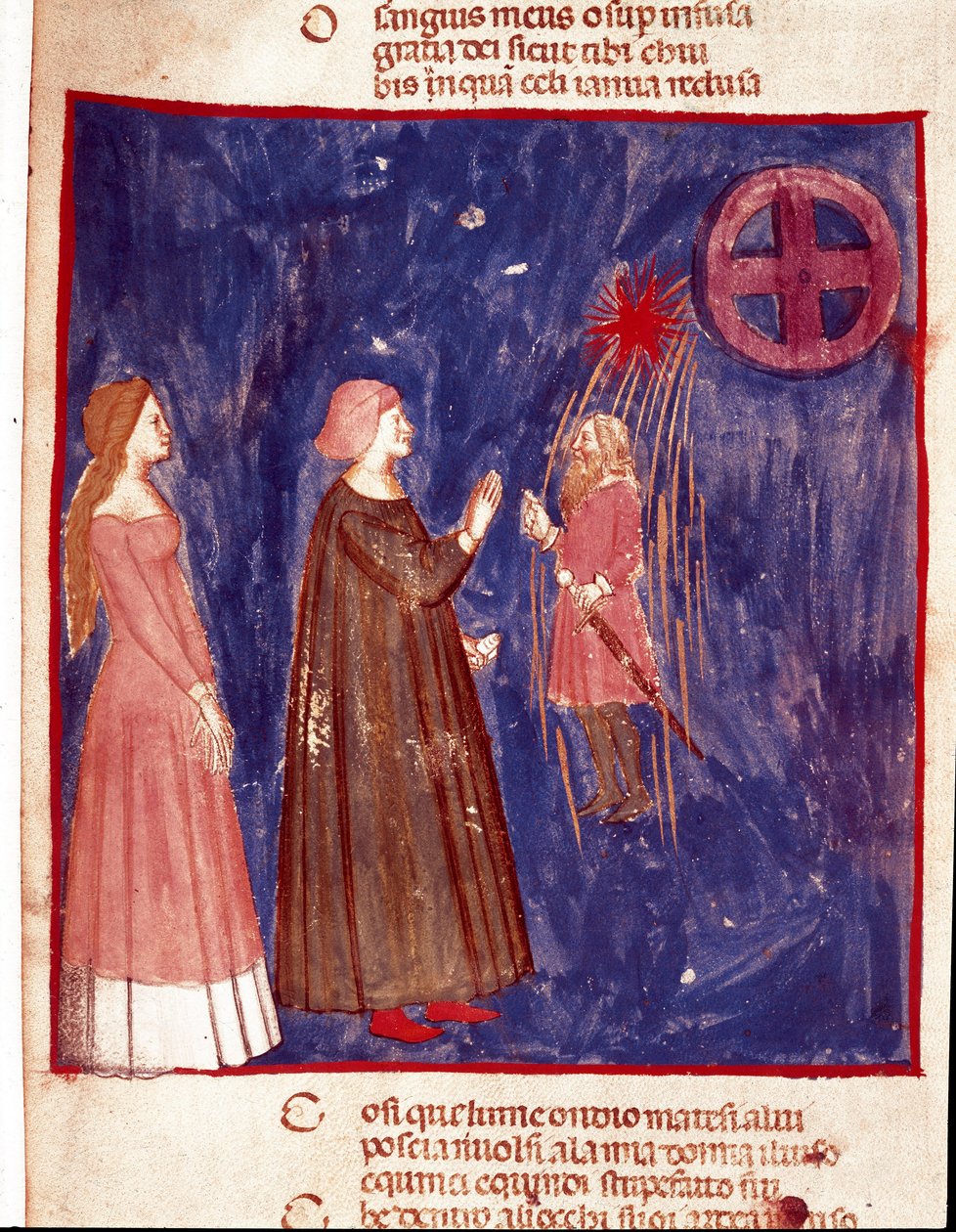5º céu: Dante e Beatrice encontram o Senhor Cacciaguida na esfera celestial das almas dos combatentes. Página iluminada ilustrando uma canção do Paraíso da "Divina Commedia" de Dante Alighieri (1265-1321). Século XIV, Veneza, Biblioteca Marciana de Unknown artist
