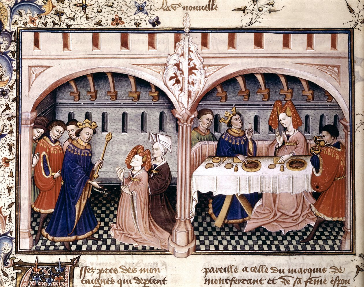 6º conto : Giovanna a almoçar com Federigo Alberighi, é uma iluminação extraída do Decameron de Boccace (1432) de Unknown artist
