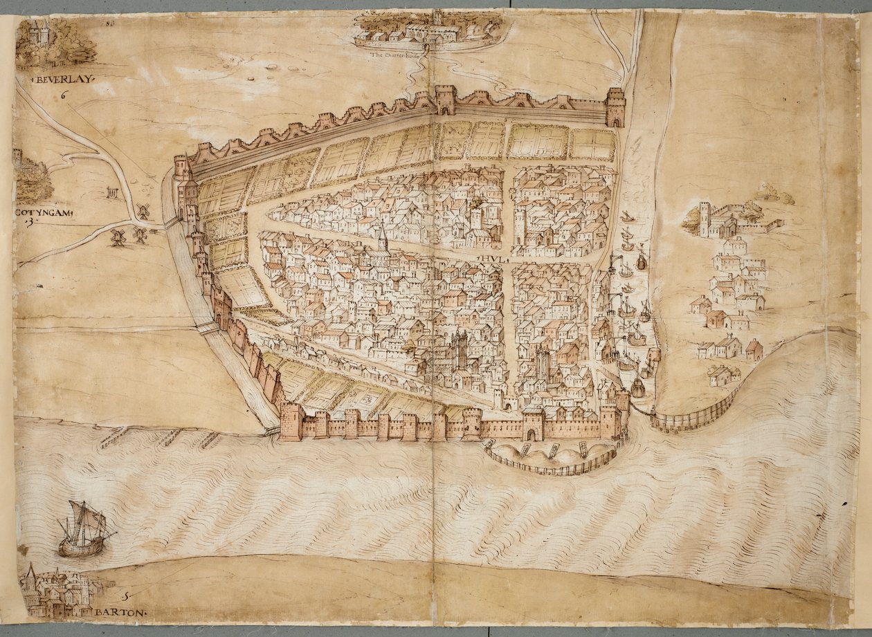 Uma representação da cidade de Hull no século XVI.
Este mapa mostra a cidade de Hull, situada onde o rio Hull desagua no estuário do Humber. É um de uma série de planos que foram desenhados para mostrar o estado das defesas costeiras no final do século 15 de Unknown artist
