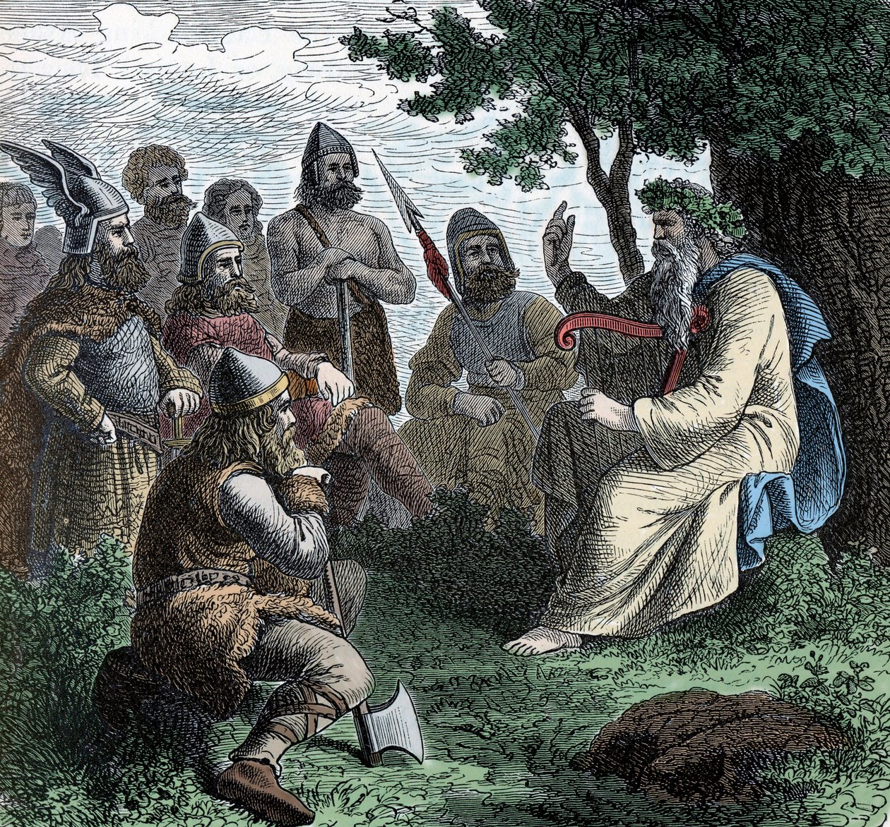 A Bard Reciting to Northmen - Viking Civilization: Um Bardo Druida Recite Poesia para Guerreiros, Século VIII-9 de Unknown artist