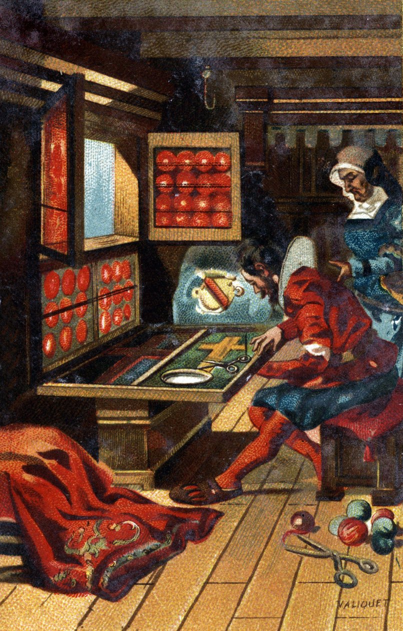 Um Chasublier (um obreiro que faz todo o tipo de roupa de igreja) em 1546. Cromolitografia do final do século XIX. de Unknown artist