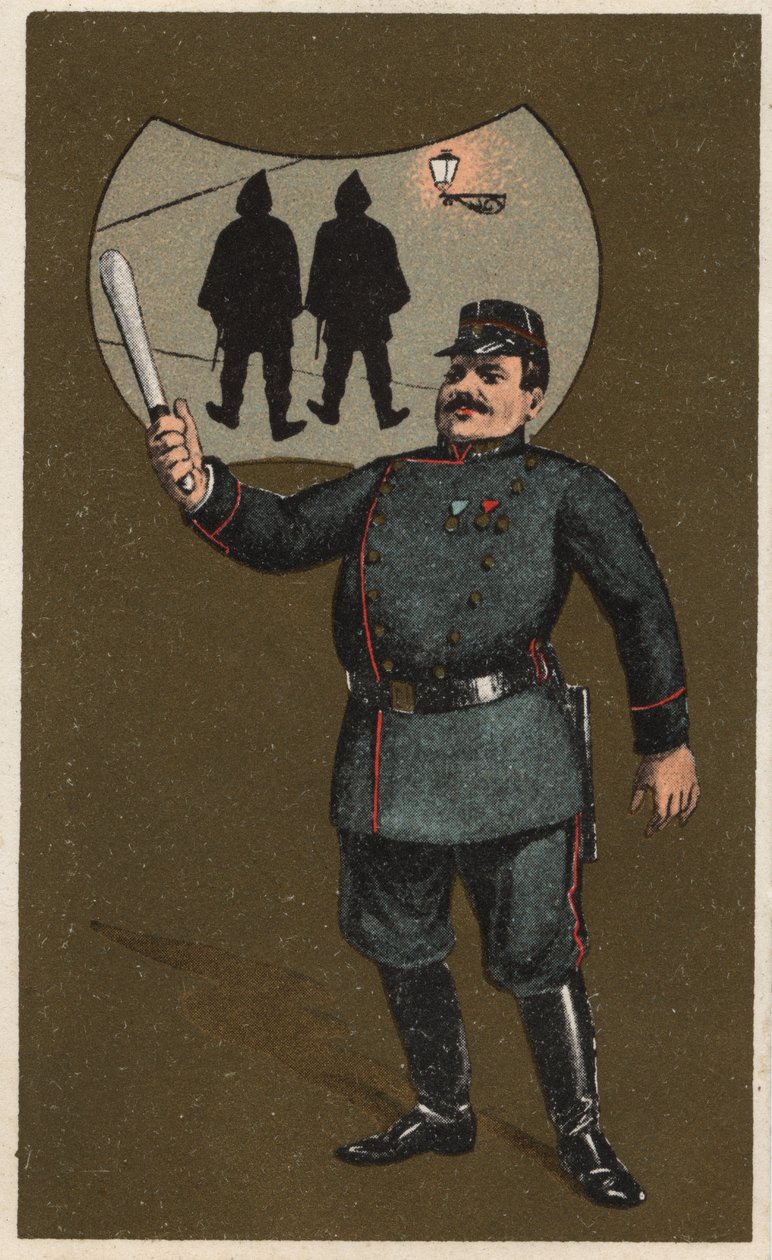 Um polícia francês fardado com o seu cassetetete. Cromolitografia anónima, final do século XIX. de Unknown artist