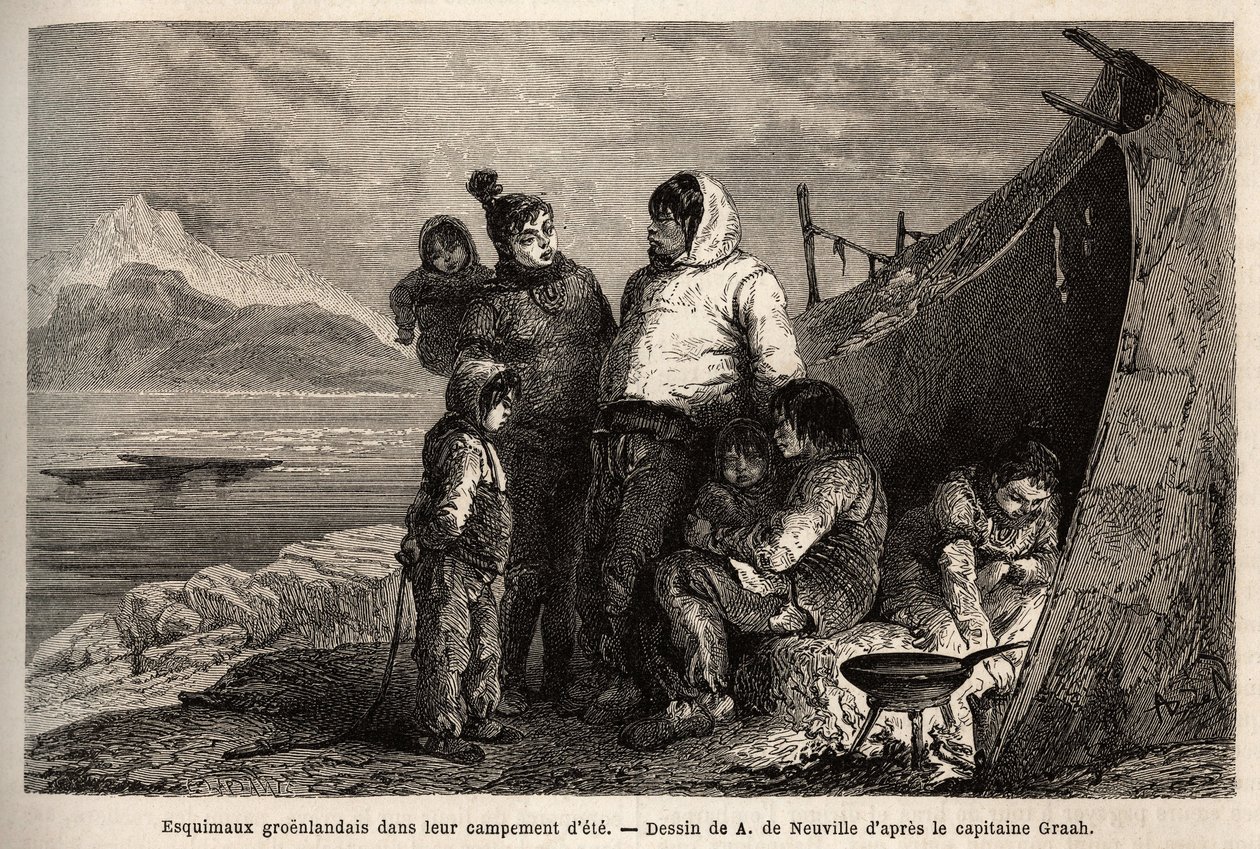 Uma família Inuit da Gronelândia no seu acampamento de verão de peles. Gravura para ilustrar a viagem ao mar livre do pólo Ártico, do Dr. Hayes, cirurgião da Marinha dos Estados Unidos, em 1860-1862, publicada no "Le tour du monde, nouveau journal des voya de Unknown artist