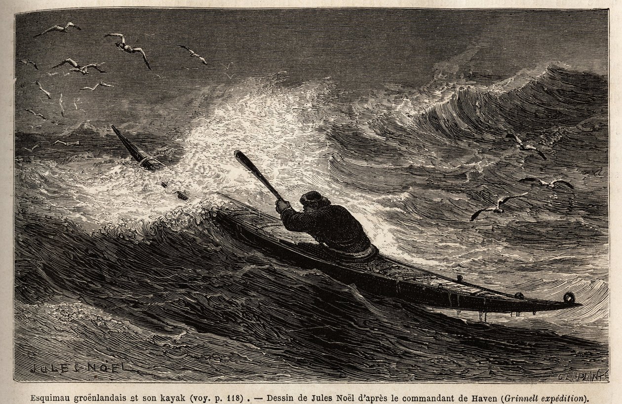 Um caiaque da Gronelândia, a passar a barreira das ondas. Gravura para ilustrar a viagem ao mar livre do pólo Ártico, do Dr. Hayes, cirurgião da Marinha dos Estados Unidos, em 1860-1862, publicada no "Le tour du monde, nouveau journal des voyages", editado de Unknown artist