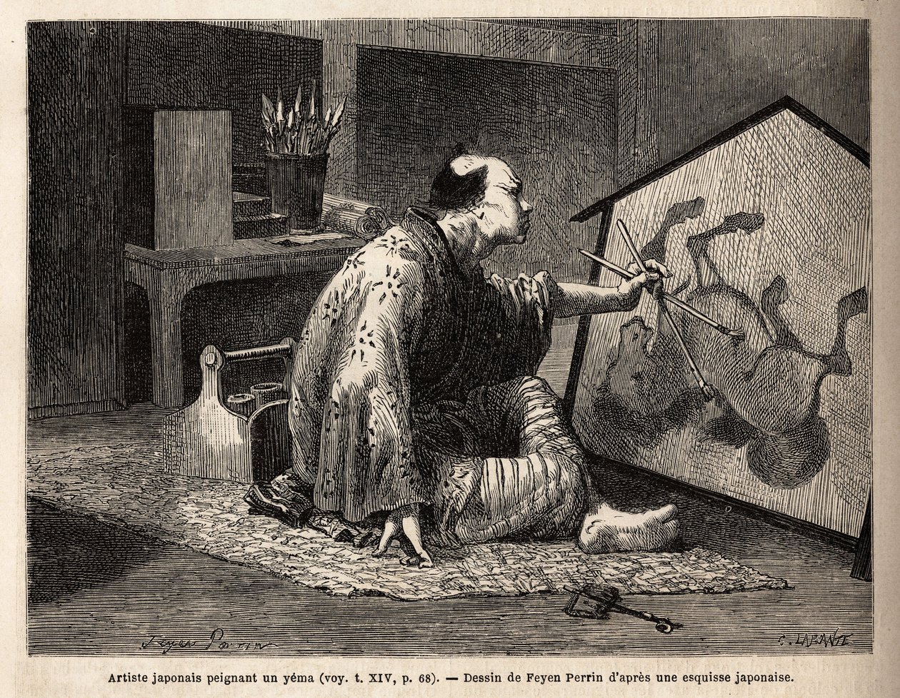 Um artista japonês pintando um yema (pintura lendária de cavalos). Gravura para ilustrar a viagem ao Japão, em 1863-1864, de Aime humbert, ministro da Confederação Suíça, no "Le tour du monde, nouveau journal des voyages" publicado sob a directti de Unknown artist