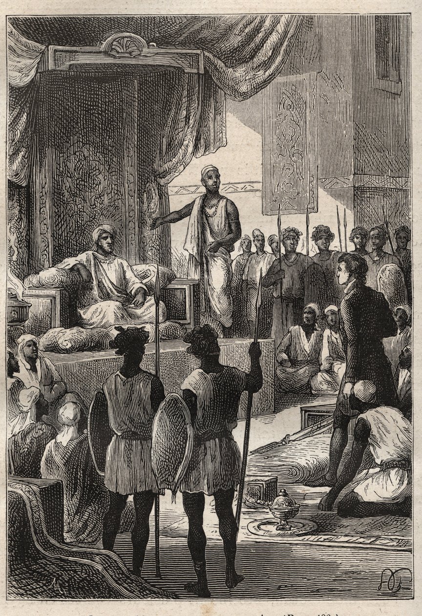 Uma Viagem (1792-1795) ao Egito e ao Oriente Próximo por William George Browne (1768-1813): Browne conhece o Sultão de Darfur Ald el Raschman (Abd-er-Rahman, conhecido como El-Rachid ou o Justo), em El Fasher (Al-Fashir, Sudão) em 1793 - ilustração de "The de Unknown artist