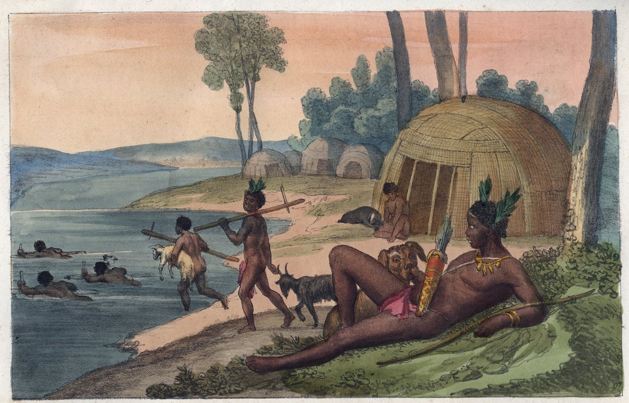 Uma vila de Korah Hottentot na margem esquerda do rio Orange - gravura de "Usos e costumes de todos os povos do Universo". Ou seja, a História do Governo, Leis, Milícias e Religião de todas as Nações desde os tempos mais remotos até o dia de hoje. de Unknown artist