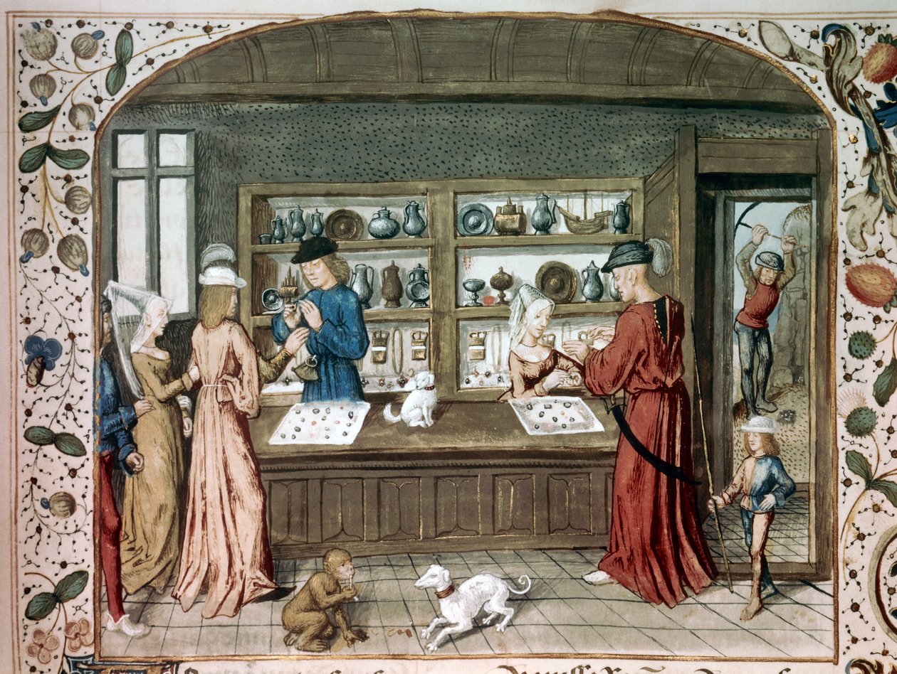 Uma joalharia miniatura de "Le lapidaire de Jean (Jehan) de Mandeville (1300-1372)" Paris do século XV, B.N. de Unknown artist