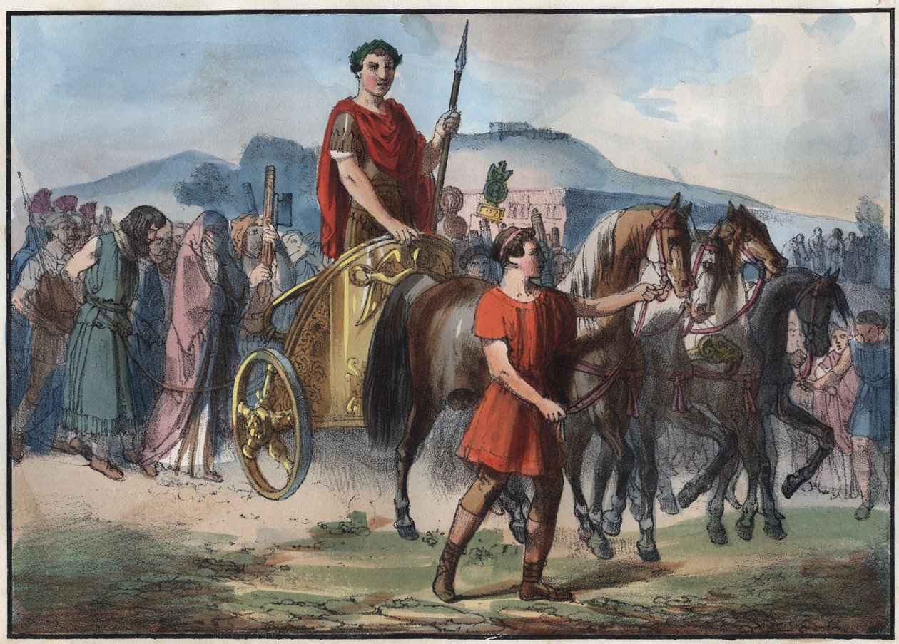 Um Triunfo Romano - gravura de "Usos e Costumes de Todos os Povos do Universo". Ou melhor, a história do governo, das leis, das milícias, da religião de todas as nações desde os tempos mais remotos até aos nossos dias" 1856 de Unknown artist