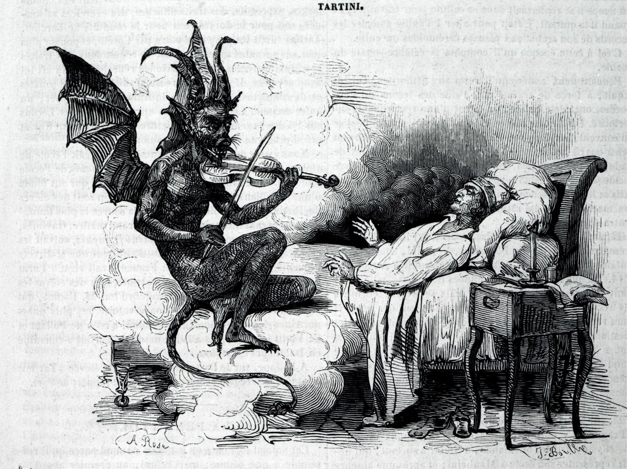 Um Satyre tocando violino na frente de Giuseppe Tartini (1692 - 1770), compositor, violinista e teórico italiano. Gravura do século XIX. de Unknown artist