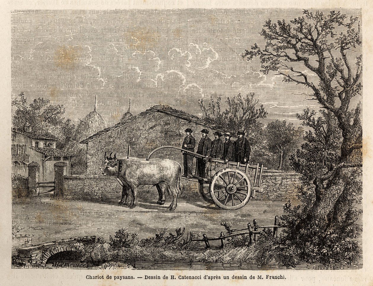 Um carro Sienese de camponeses, tem duas rodas, para o transporte de barris de vinho, puxados por um par de pequenos bois brancos. Engravure pour illustrrer un voyage à Siena (Itália) en 1865, in "Le tour du monde, nouveau journal des voyages" publicado so de Unknown artist
