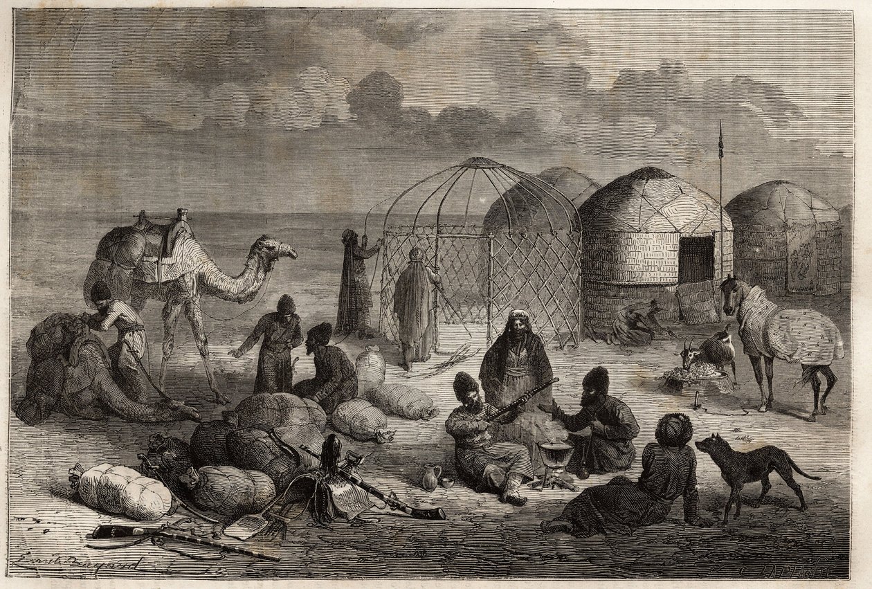 Um acampamento turcomano na zona fronteiriça do Turquestão e da Pérsia, cada tenda, composta de treliça de madeira e coberta de feltro, abriga uma família. Gravura para ilustrar a história de Henri de Blocqueville "14 mois de captivite chez les turcomans"  de Unknown artist
