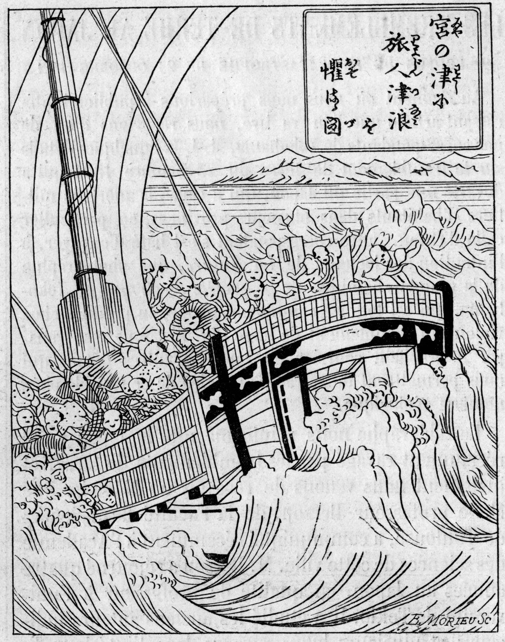 Uma onda de fundo formada por um terremoto. Fac-símile (Fac-simile) de uma gravura de uma obra japonesa sobre terremotos. Gravura em "La Nature: Revue des sciences et de leurs applications aux arts et a l