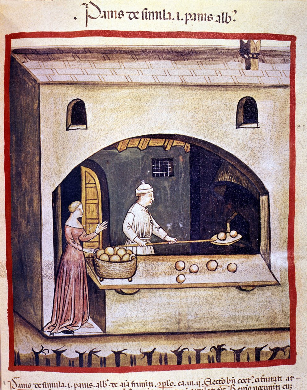Um padeiro prepara pão branco e pão com sêmola. Iluminação a partir da ordenha de medicamentos e dietética "Tacuinum sanitatis". de Unknown artist