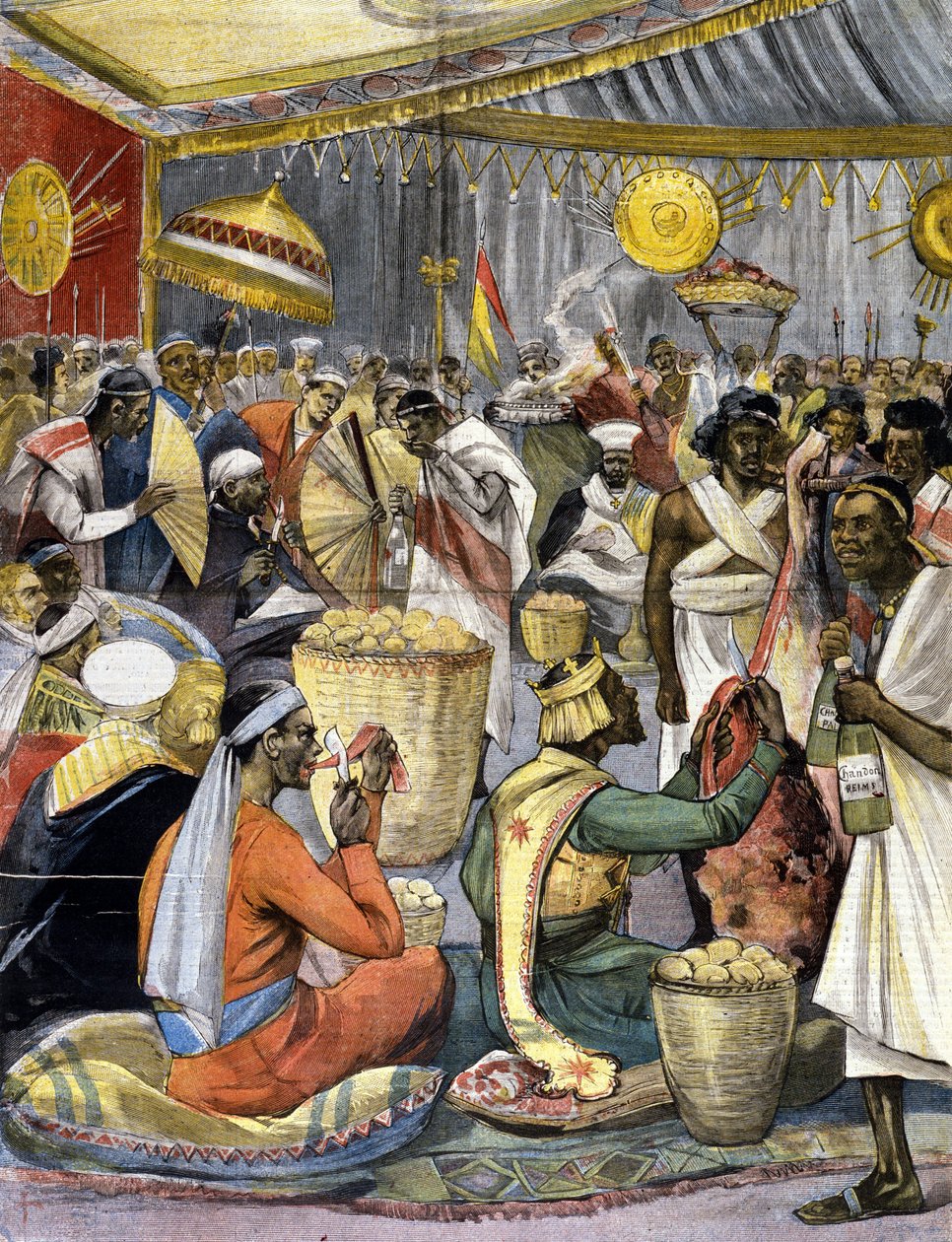 Um banquete na corte do Rei Menelik II (1844 - 1913) na Etiópia. Ill. para a imprensa do final do século XIX. de Unknown artist