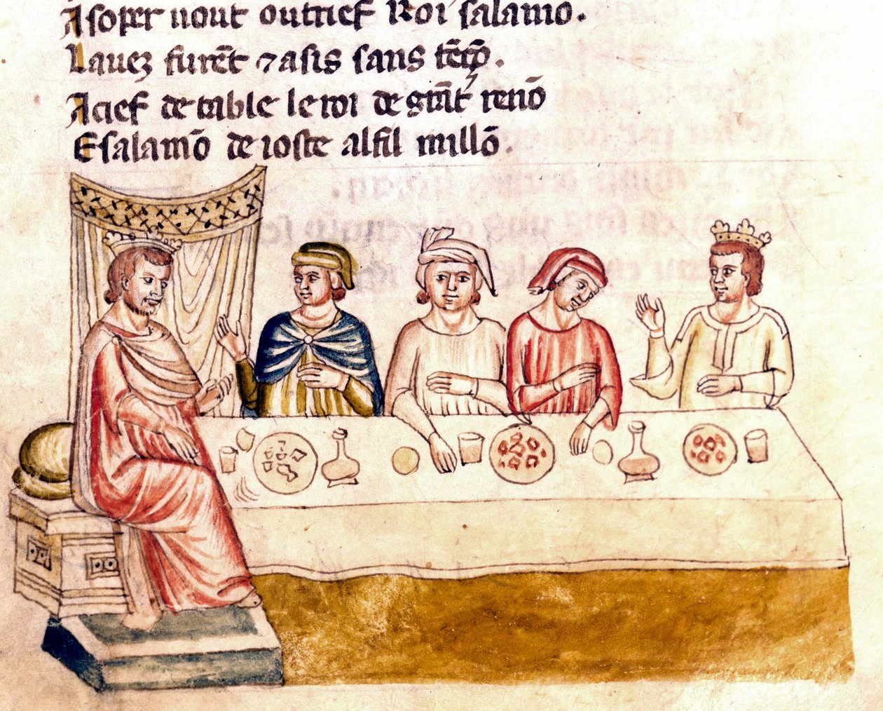 Uma cena de banquete: um rei e seus convidados - Miniatura do códice "The Entrree of Spain" (Ms.Franc.21) do século XIV. Biblioteca Marciana, Veneza. de Unknown artist