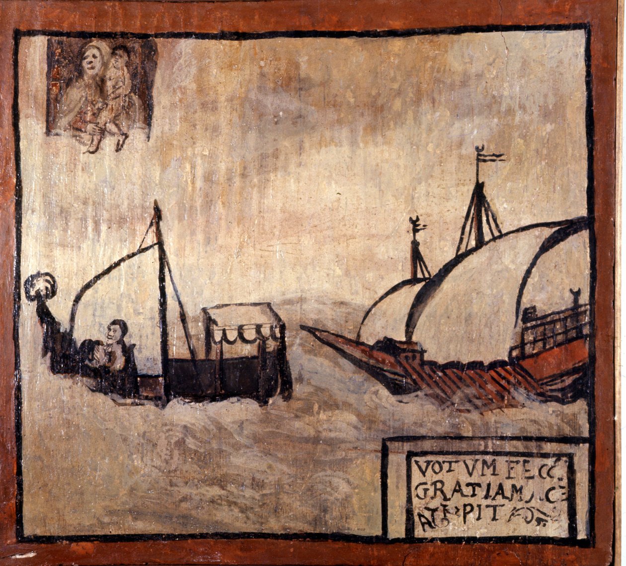 Uma galé barbaresca persegue um barco de pescadores napolitanos. Ex-voto do século XVII. Madonna dell