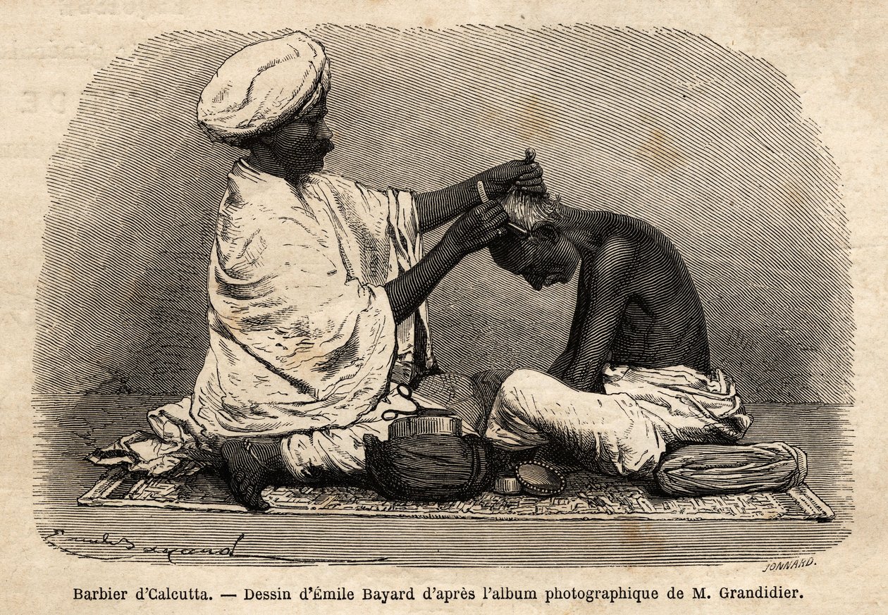Um barbeiro a trabalhar nas ruas de Calcutá. Gravura para ilustrar a viagem nas províncias meridionais da Índia, de Alfred Grandidier, em 1862-1864, publicada em "le tour du monde", editado por D