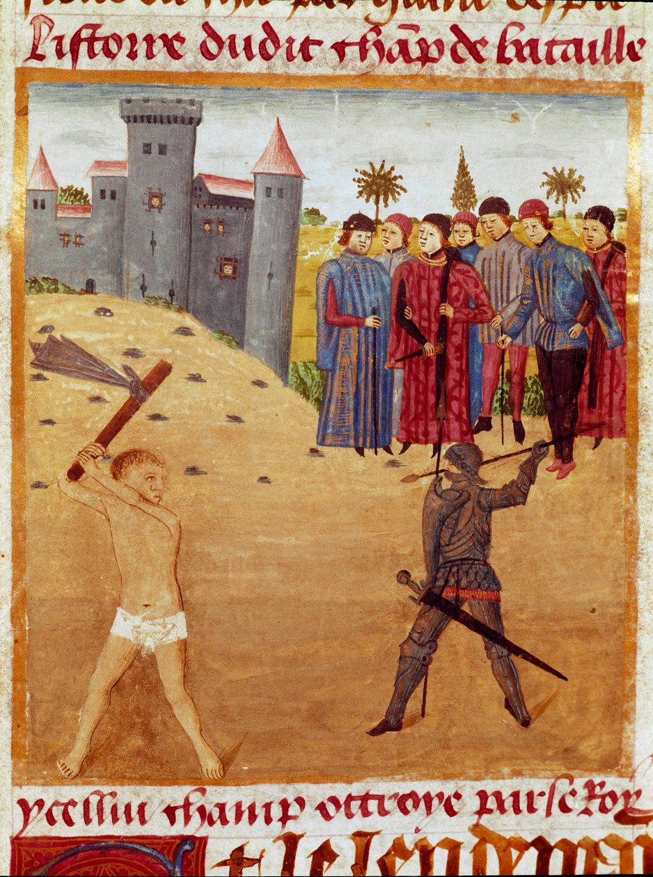 Uma batalha entre um macedónio e uma miniatura ateniense tirada de "The Book of Facts of Alexander the Great" de Quintus Curtius Rufus (Quinte Curce) (século I), cerca de 1468. (Sra. 1335) Reims. Biblioteca Municipal de Unknown artist