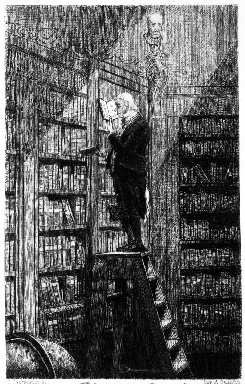 Um blibliothecaire na sua escada a examinar livros nas prateleiras. Gravura do século XIX de Unknown artist