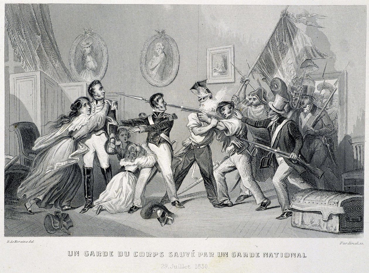 Um guarda-costas salva por uma guarda nacional (29 de Julho de 1830) - em "Fasttes de Gardes nationales de France". de Unknown artist