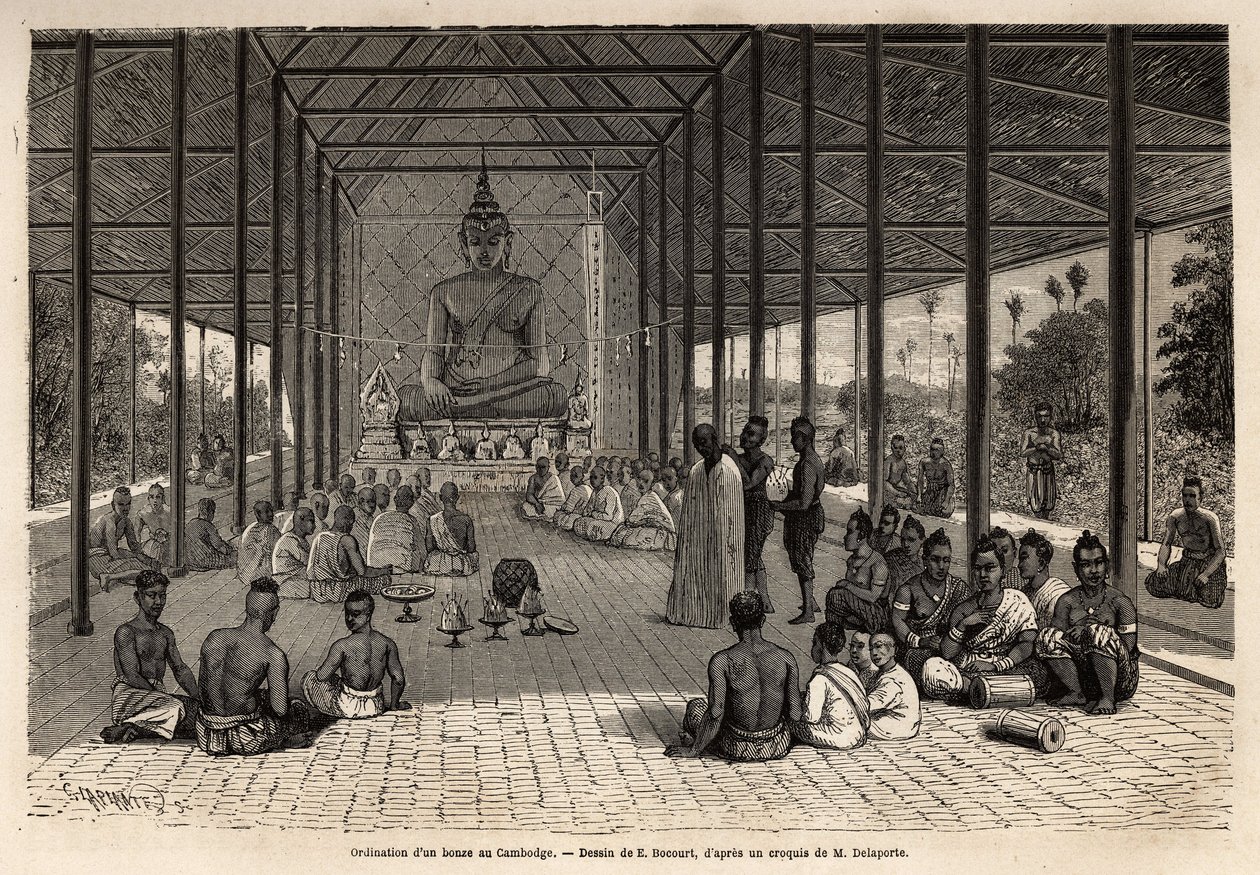 Uma cerimônia de ordenação em um templo nos arredores de Angkor, no Camboja. Gravura para ilustrar a viagem de exploração na Indochina, de Francis Garnier, tenente de Vaissseau, em 1866-1868, publicada em "Le tour du monde" 1870-1871, editada por de Unknown artist