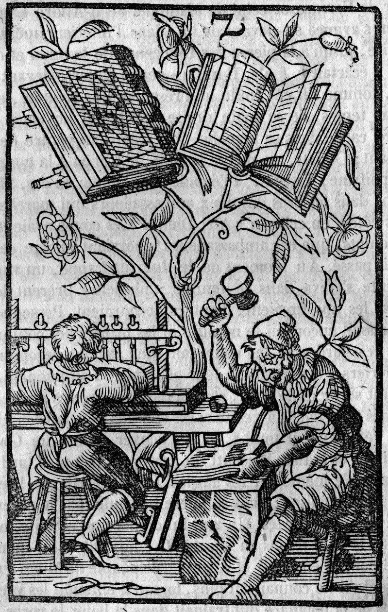 Uma oficina de encadernação de livros na Idade Média. de Unknown artist