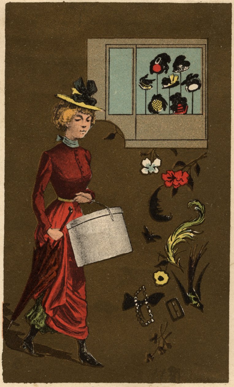 Uma mulher burguesa carregando uma caixa de chapéus, cromolitografia anônima, no final do século XIX. de Unknown artist