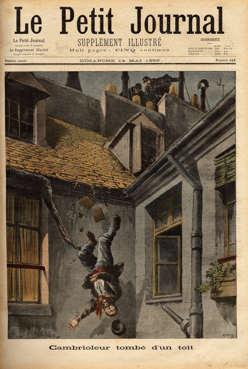 Um assaltante cai dos telhados da Rua Notre Dame, em Nazaré, na sua precipitação para fugir em frente aos agentes da polícia. Gravação no "Le petit journal" 14/5/1899. Coleção Selva. de Unknown artist