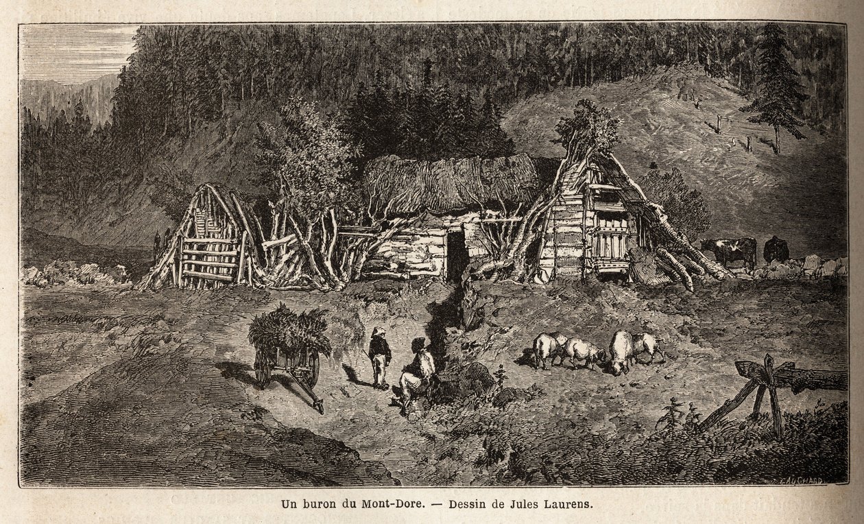 Um buron de Mont-Dore (Mont Dore), um edifício localizado nas pastagens de montanha da França central, funciona sazonalmente, utilizado para fazer queijo de maio a outubro e para abrigar vacas. Gravura para ilustrar a viagem aos vulcões do centro da França de Unknown artist