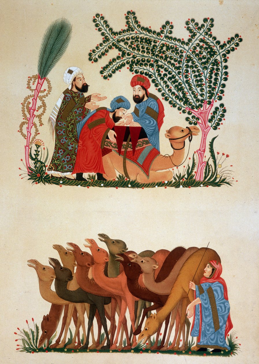 Uma caravana em movimento. Ilustração do século XIII do "Maqamat" (Seances) de Abu Mohammed al-Kasim ibn Ali Hariri (ou Al-Hariri ou Al Hariri) (1054-1122) em "Arte Árabe" dos monumentos do Cairo do século VII ao século XVIII por P de Unknown artist
