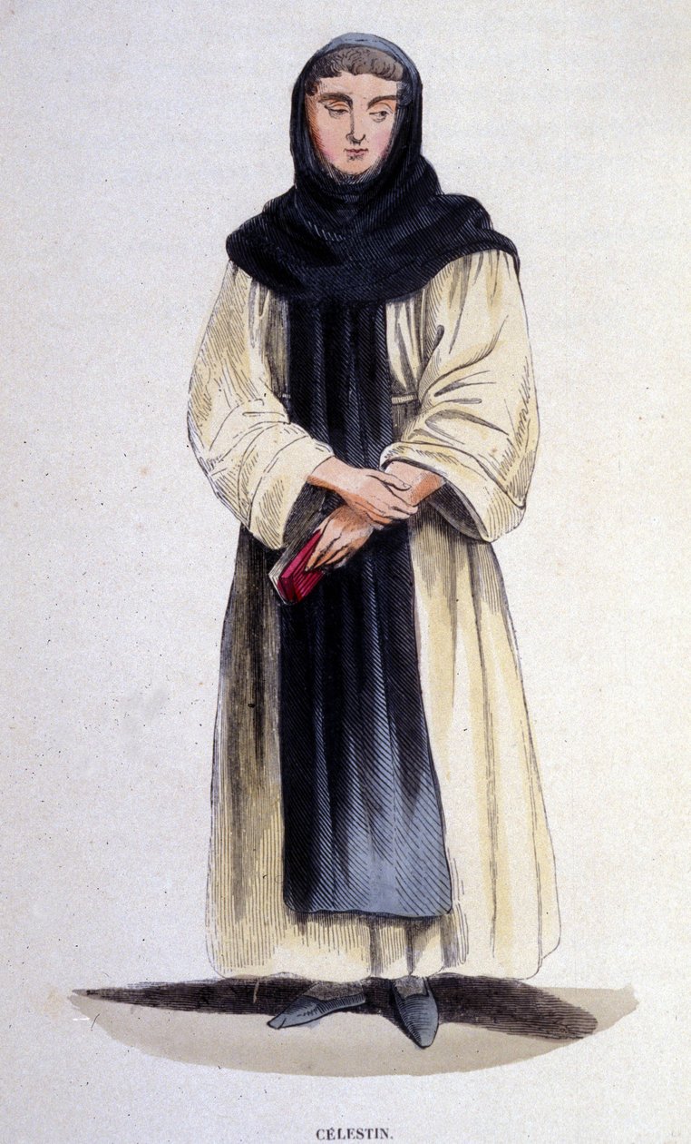 Um celestin, religioso da ordem fundada em 1254 por Célestin V. Engraving do século XIX de Unknown artist