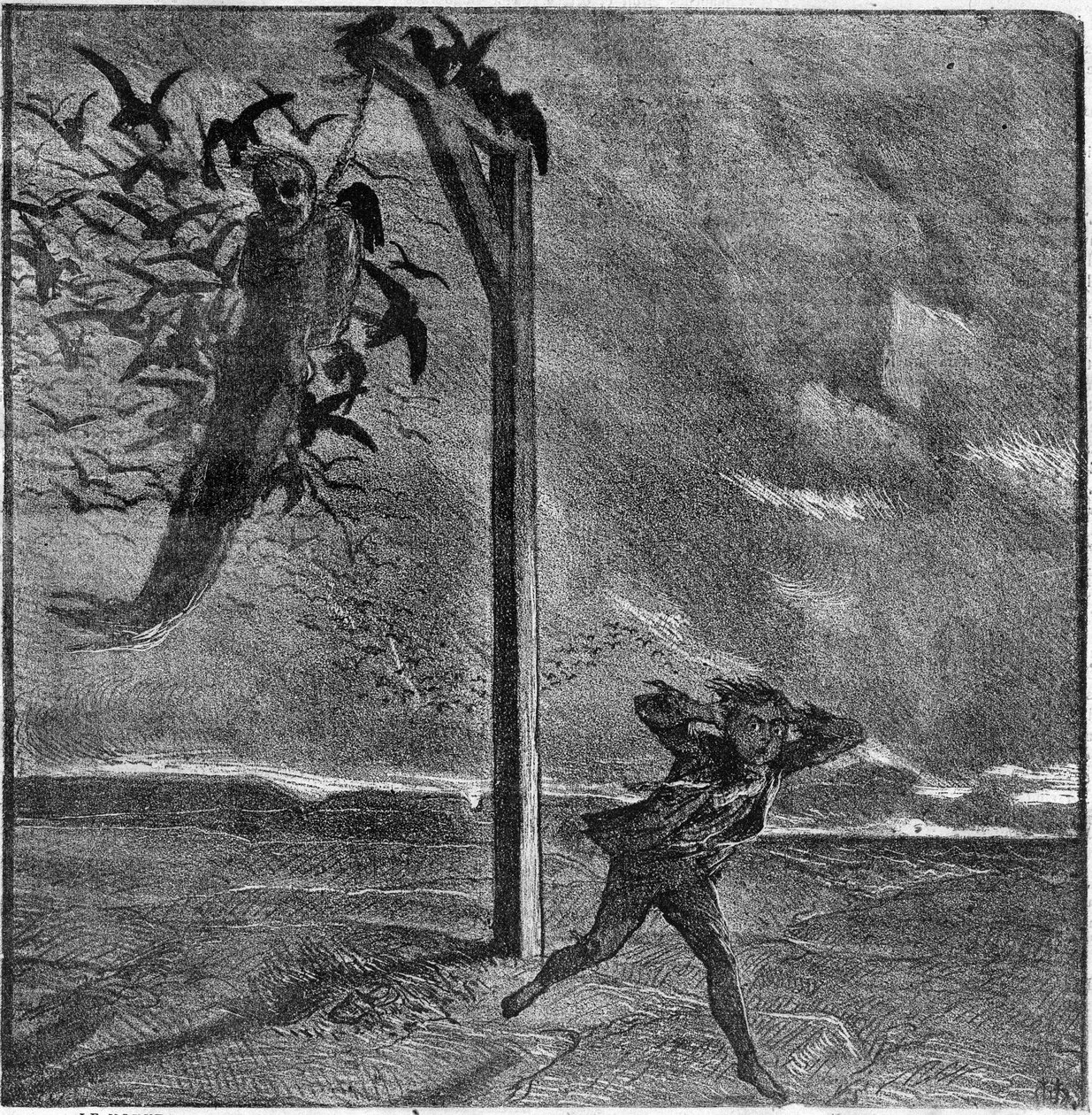 Uma criança tem medo da visão de um homem enforcado devorado por corvos - Ilustração de "O homem que ri" de Victor Hugo (1802-1885) - Gravação em "Le Journal Illustrée de Unknown artist